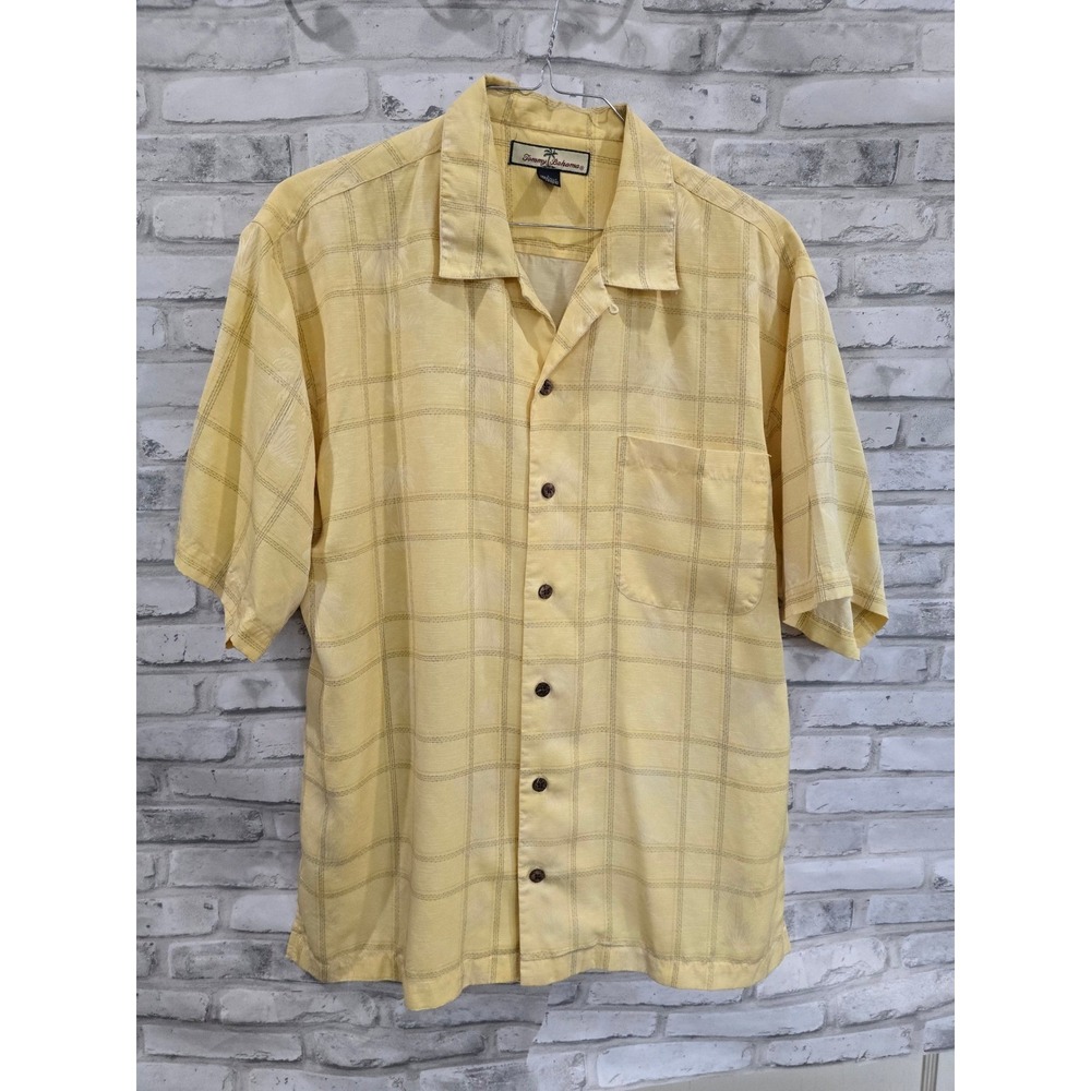 Tommy Bahama Men Size Large 100% Silk Yellow Stitching Designs White